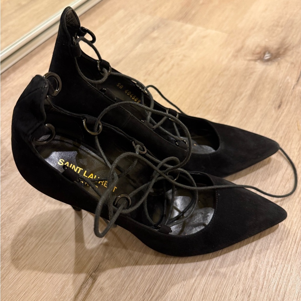 Saint Laurent Paris Thorn Lace-Up Pointed Toe Pumps Black Suede Size 37.5 - Picture 5 of 8